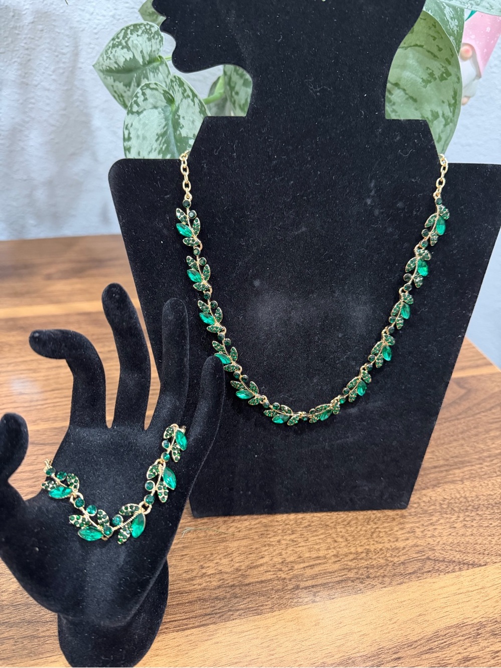 Gold-Tone Green Crystal Leaf Necklace and Bracelet Set